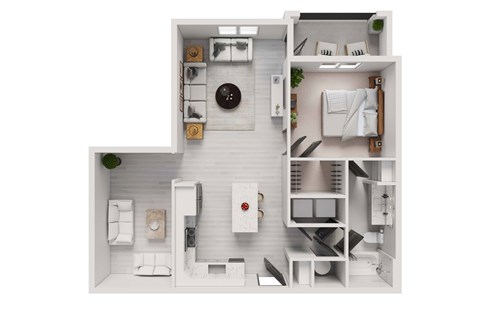 Floor plan for 1 bed, 1 bath, 907 sqft